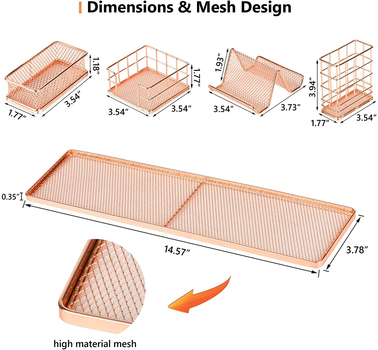 Desk Organizer, Mesh Office Supplies Desk Organizers and Accessories with Trays, DIY Desktop Organization with Adjustable Pen Holder, Multifunctional Organizers Set for Office Home, Rose Gold