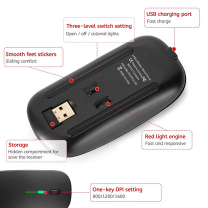 LED Wireless Mouse, Rechargeable Slim Silent Mouse 2.4G Portable Mobile Optical Office Mouse with USB