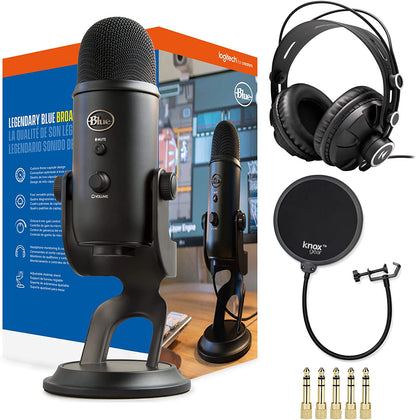 Yeti USB Microphone (Blackout) Bundle with Knox Gear Headphones and Pop Filter (3 Items)